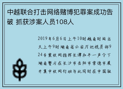 中越联合打击网络赌博犯罪案成功告破 抓获涉案人员108人